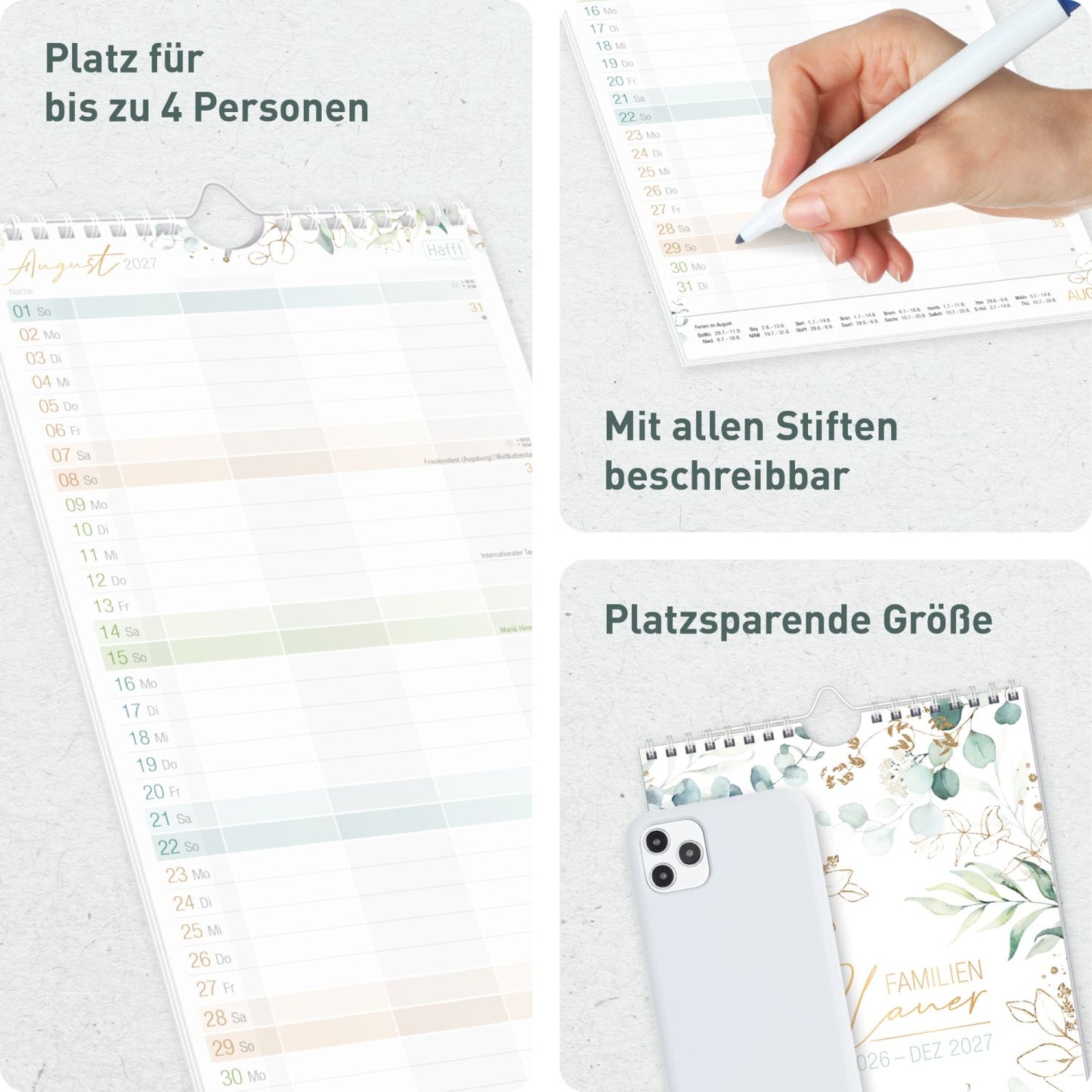 Familienplaner 4-spaltig 2026/2027 / 17 Monate / Blattgold /  Häfft-Verlag