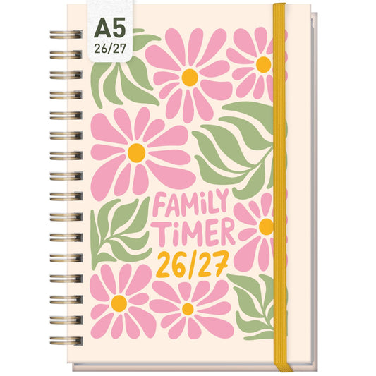 Family-Timer 2026/2027 / 17 Monate / A5 / Flower Power Pink / Häfft-Verlag