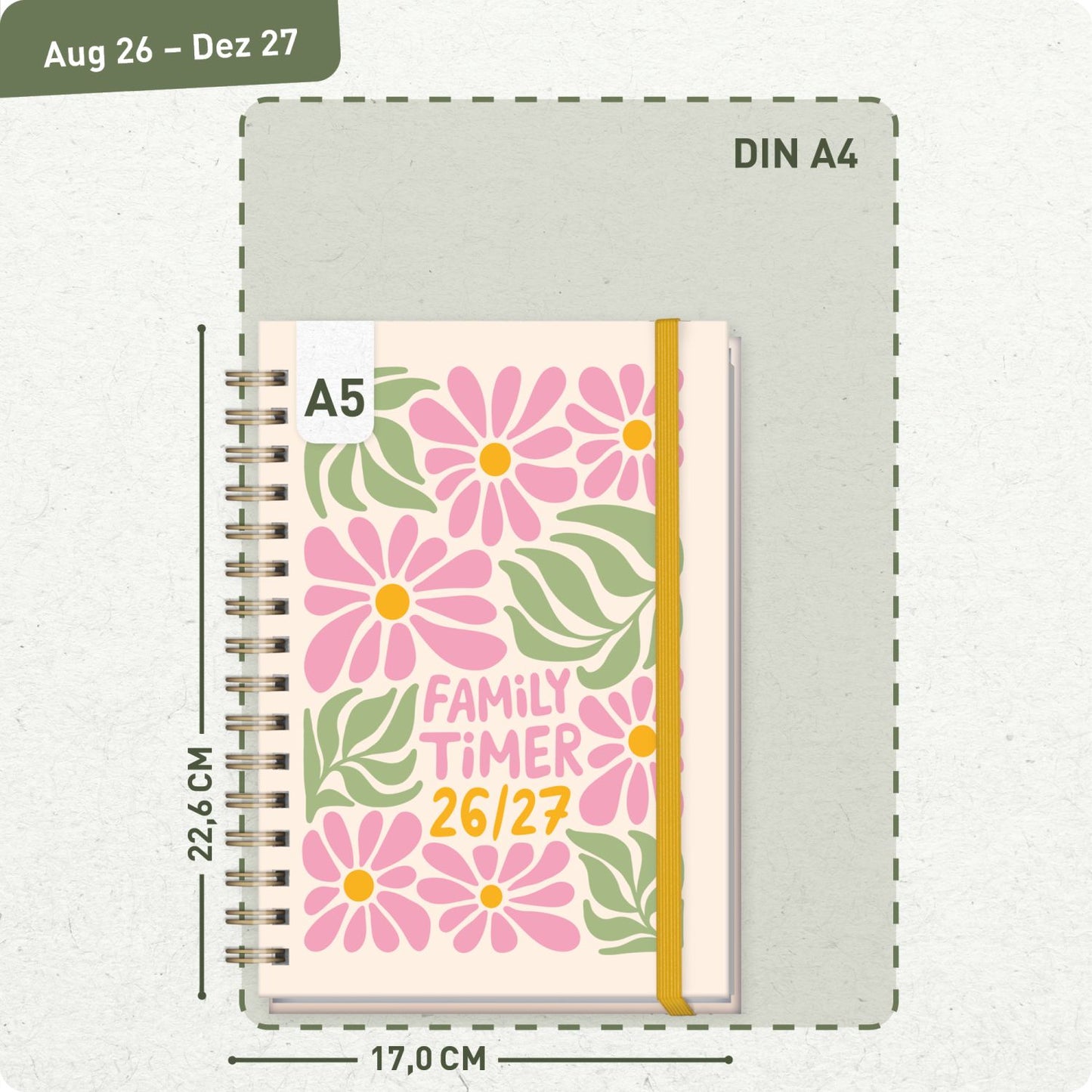 Family-Timer 2026/2027 / 17 Monate / A5 / Flower Power Pink / Häfft-Verlag