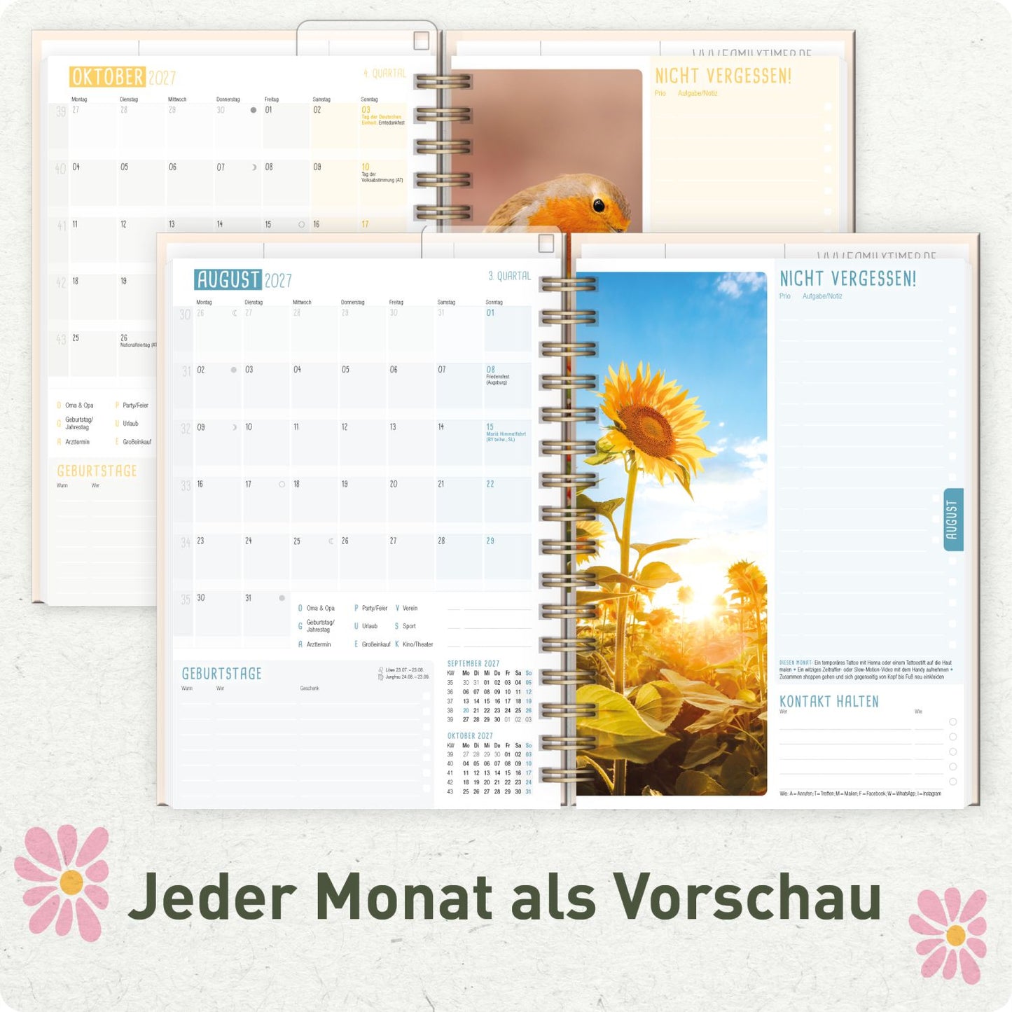 Family-Timer 2026/2027 / 17 Monate / A5 / Flower Power Pink / Häfft-Verlag