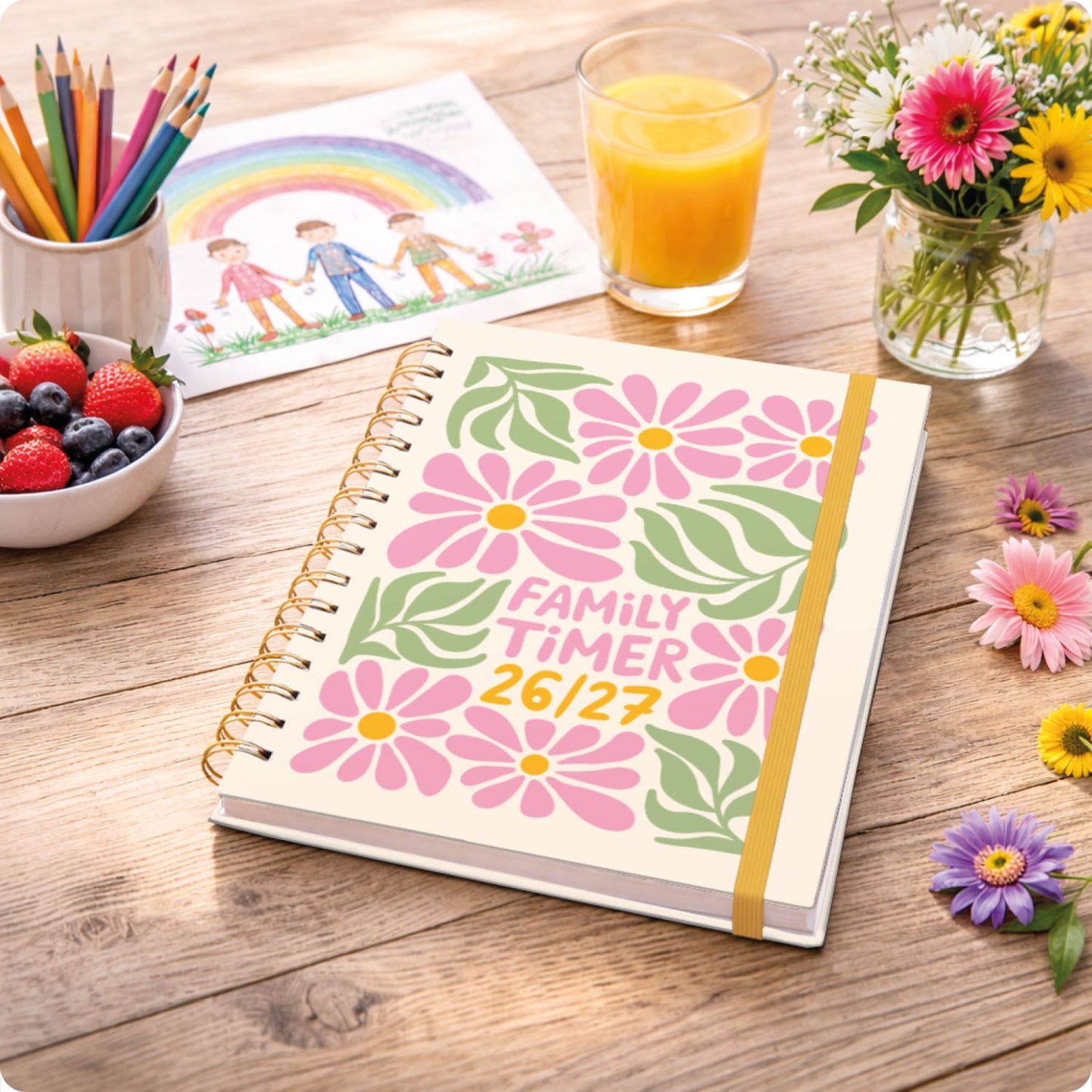 Family-Timer 2026/2027 / 17 Monate / A5 / Flower Power Pink / Häfft-Verlag