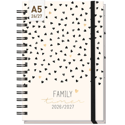 Family-Timer 2026/2027 / 17 Monate / A5 / Golden Hearts / Häfft-Verlag