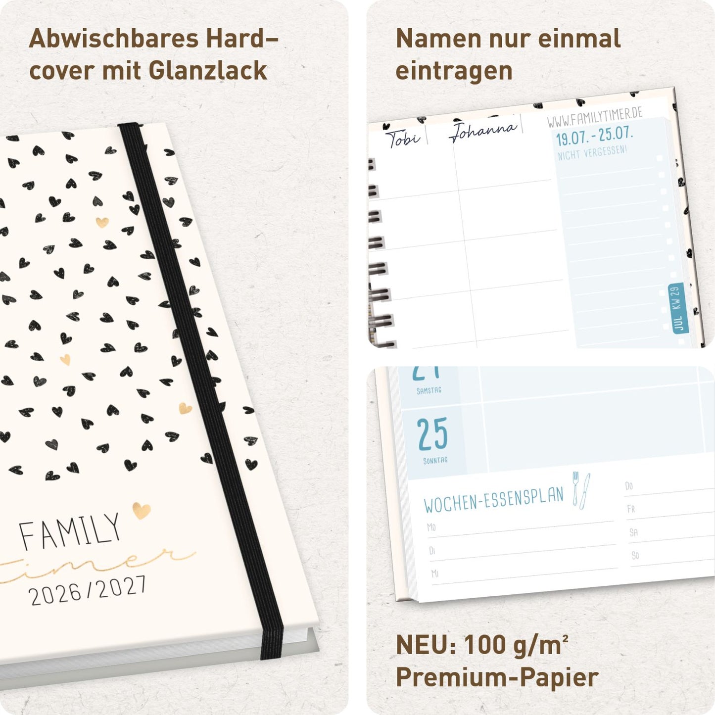 Family-Timer 2026/2027 / 17 Monate / A5 / Golden Hearts / Häfft-Verlag