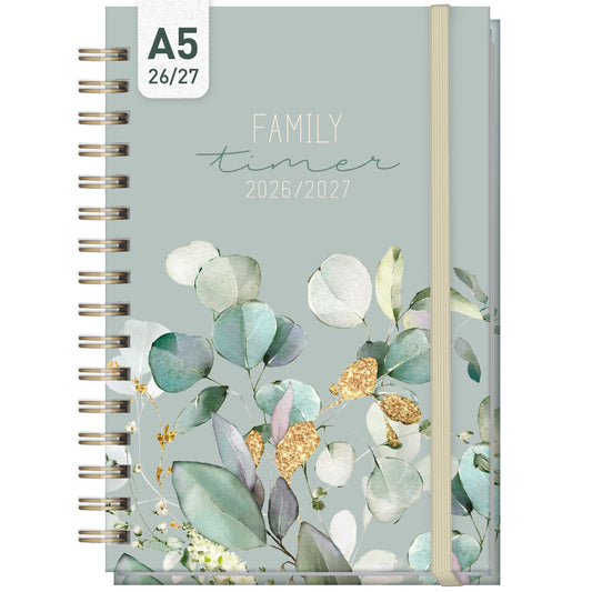 Family-Timer 2026/2027 / 17 Monate / A5 / Minty Leaves / Häfft-Verlag