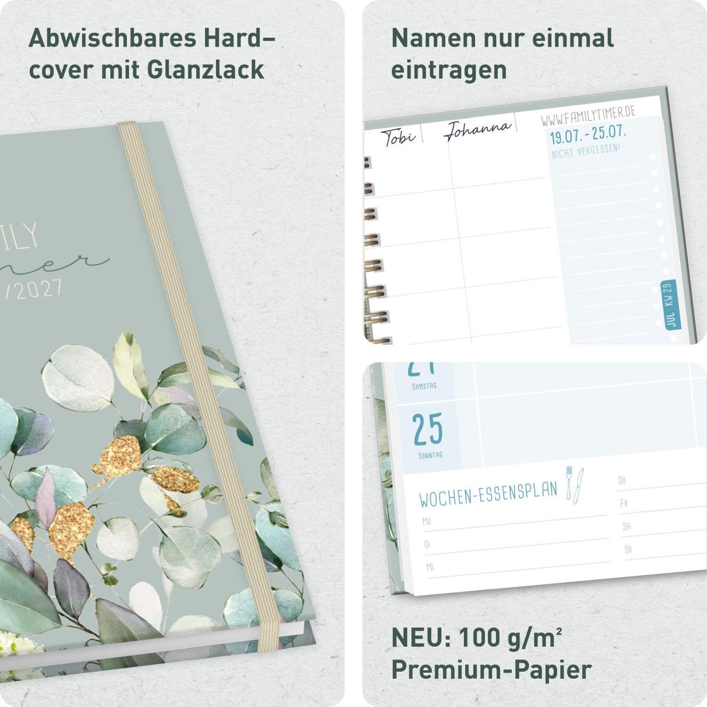 Family-Timer 2026/2027 / 17 Monate / A5 / Minty Leaves / Häfft-Verlag