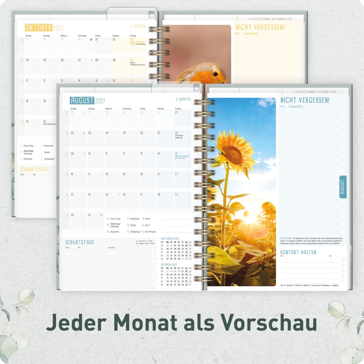 Family-Timer 2026/2027 / 17 Monate / A5 / Minty Leaves / Häfft-Verlag