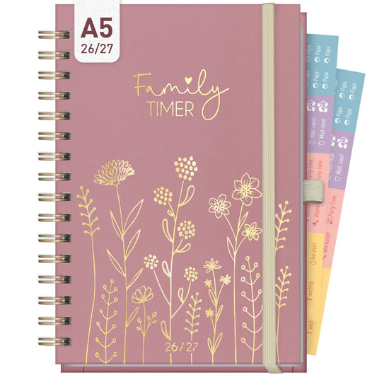 Family-Timer Deluxe 2026/2027 / 17 Monate / A5 / Fine Flowers rosé / Häfft-Verlag