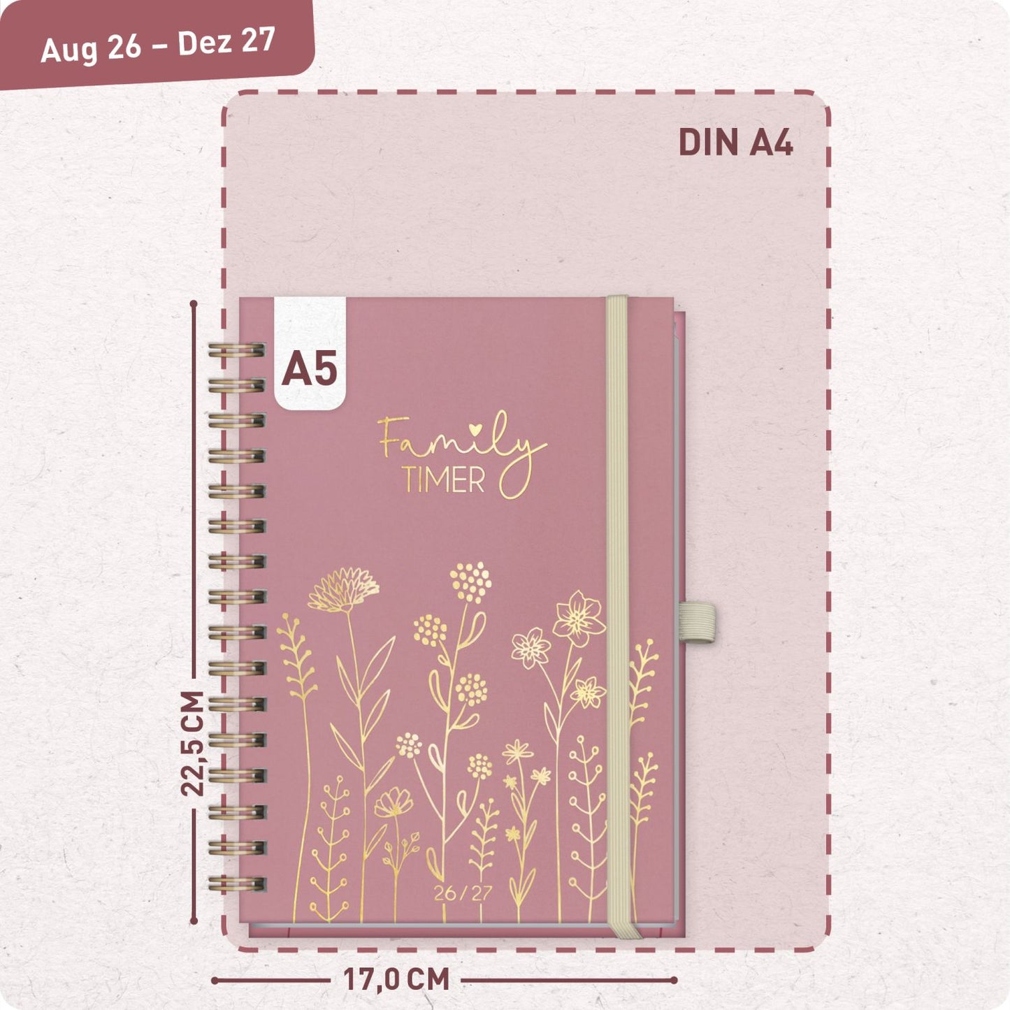 Family-Timer Deluxe 2026/2027 / 17 Monate / A5 / Fine Flowers rosé / Häfft-Verlag
