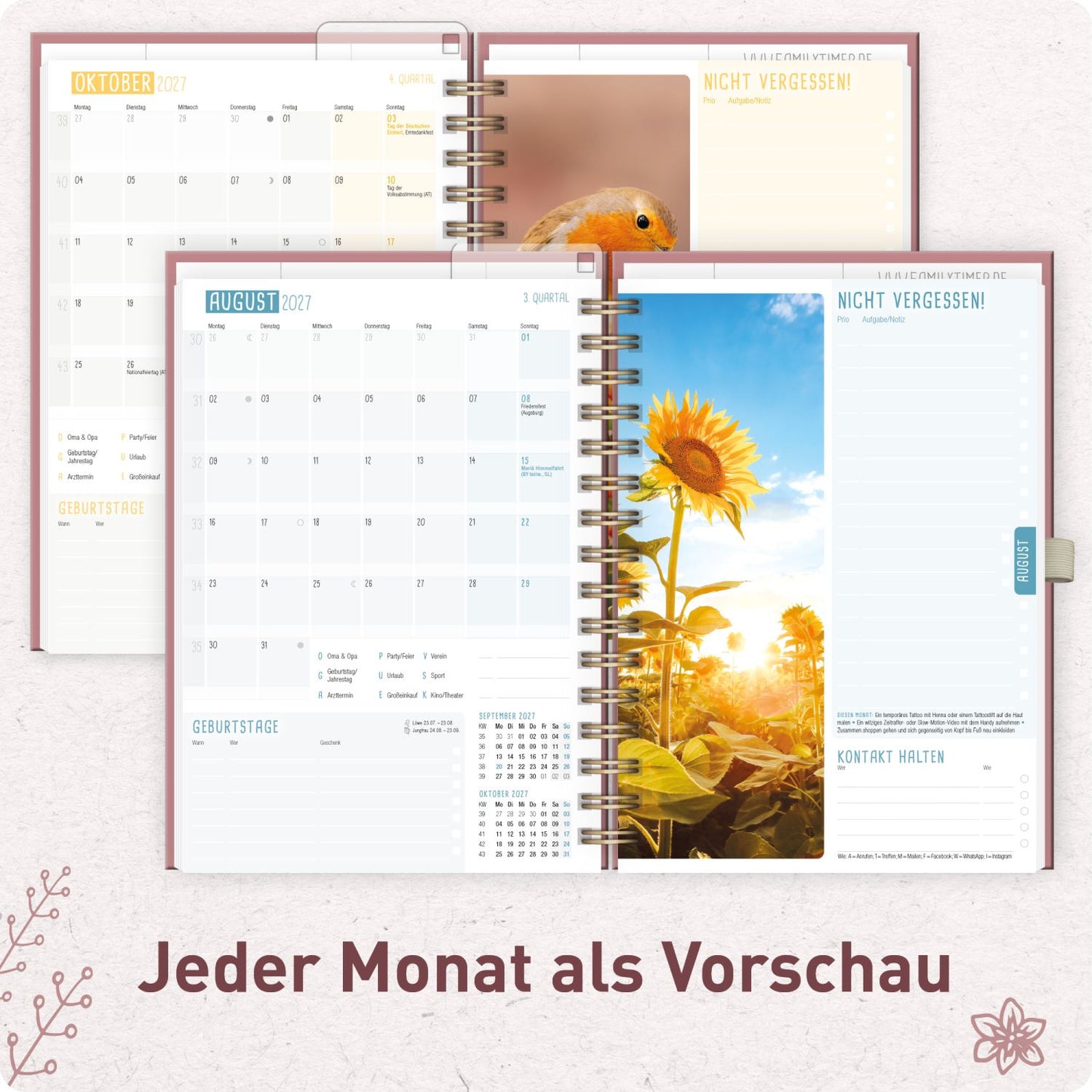 Family-Timer Deluxe 2026/2027 / 17 Monate / A5 / Fine Flowers rosé / Häfft-Verlag