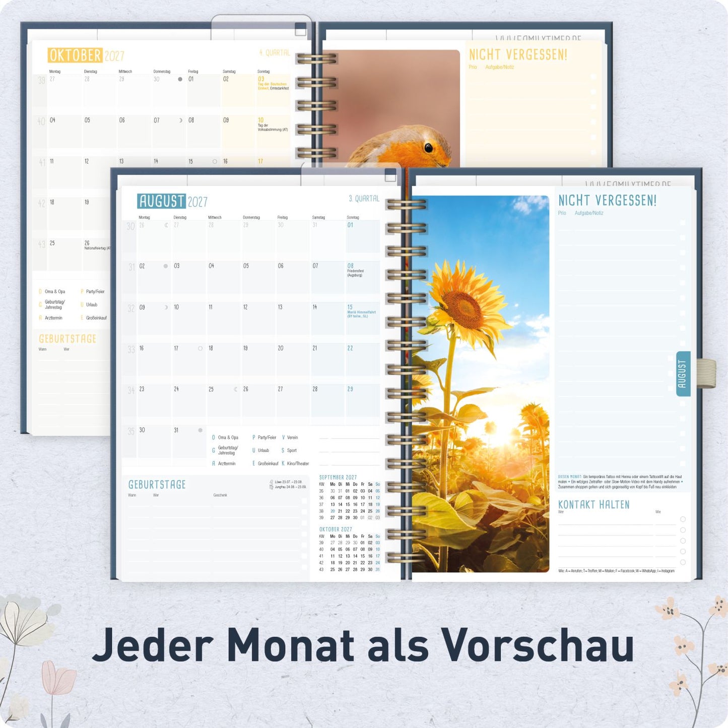 Family-Timer Deluxe 2026/2027 / 17 Monate / A5 / Flower Joy blue / Häfft-Verlag