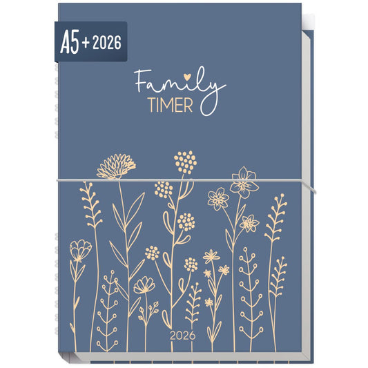 Family-Timer 2026 / A5+ / Fine Flowers Blue / Häfft-Verlag