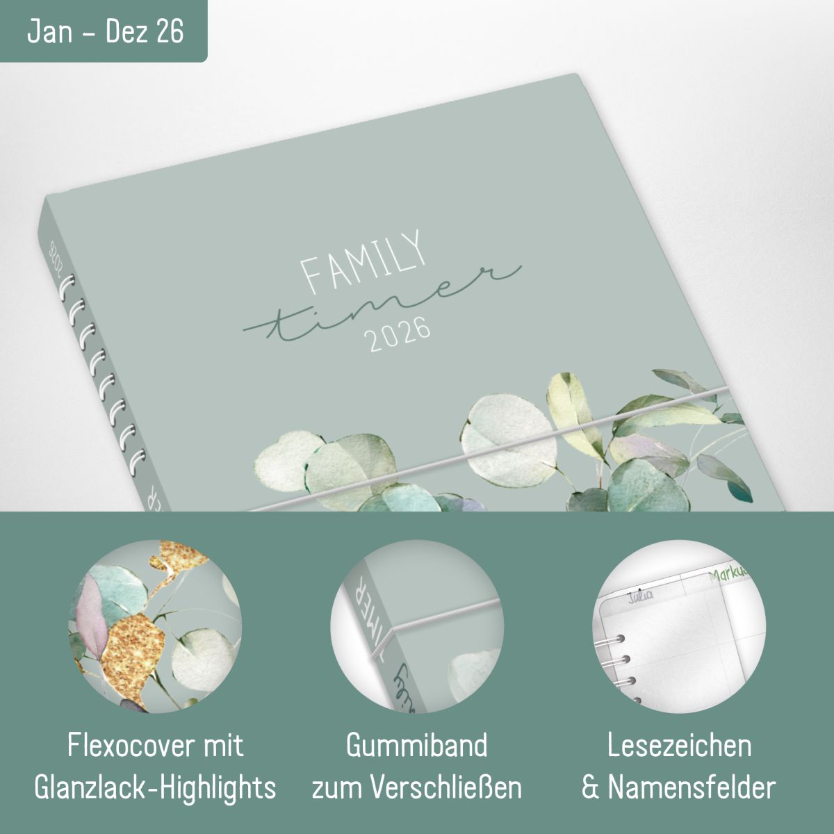 Family-Timer 2026 / A5+ / Minty Leaves / Häfft-Verlag