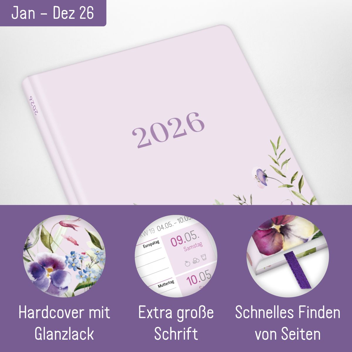 Großdruck-Kalender 2026 / A5 / Blütentraum / Häfft-Verlag