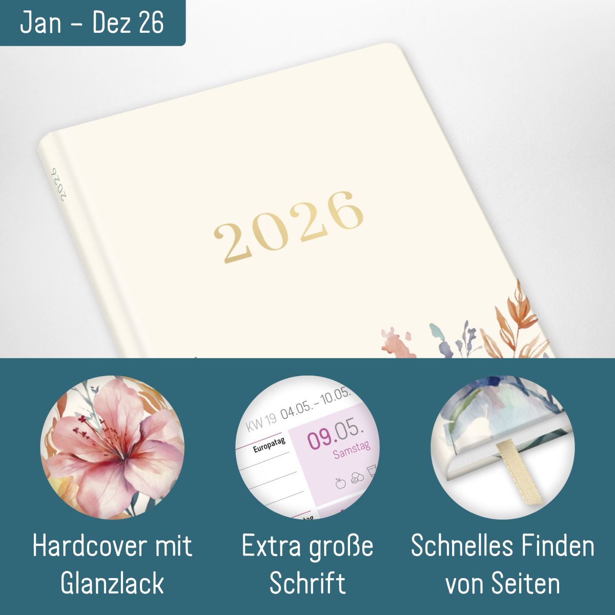 Großdruck-Kalender 2026 / A5 / Hibiskus / Häfft-Verlag
