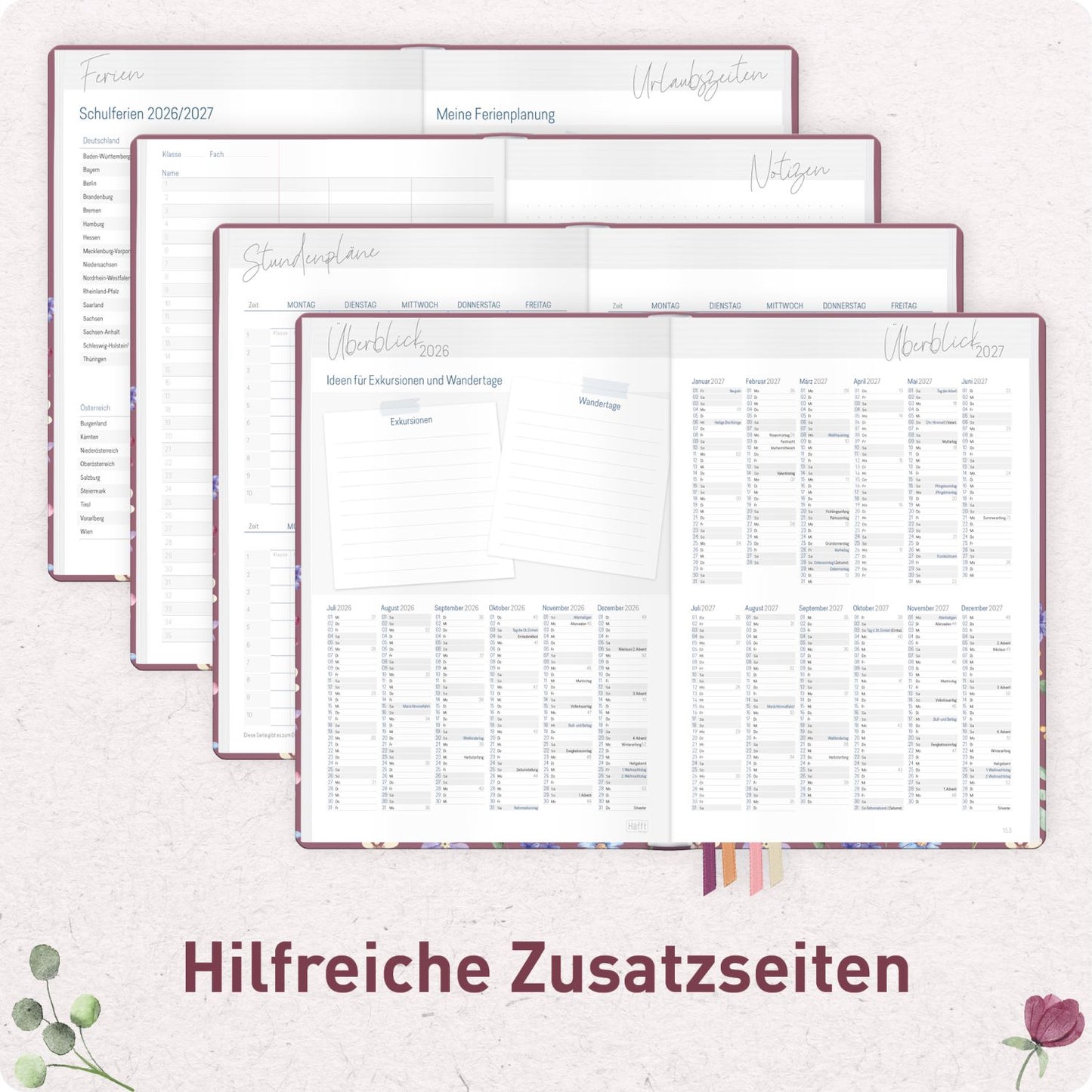 Häfft Lehrer-Planer 2026/2027 / A5+ / Berry Blossoms