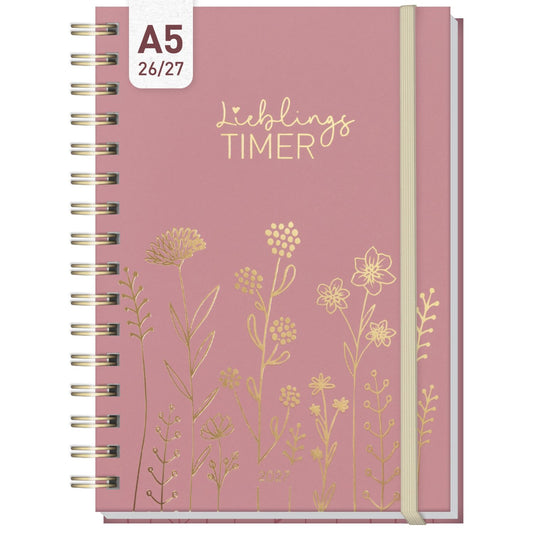 Lieblings-Timer 2026/2027 / 17 Monate / A5 / Fine Flowers rosé / Häfft-Verlag