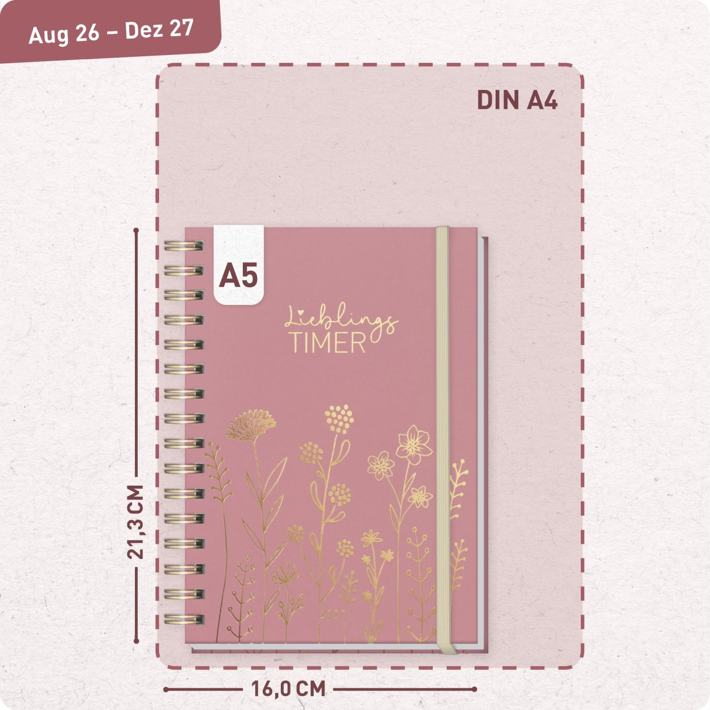 Lieblings-Timer 2026/2027 / 17 Monate / A5 / Fine Flowers rosé / Häfft-Verlag