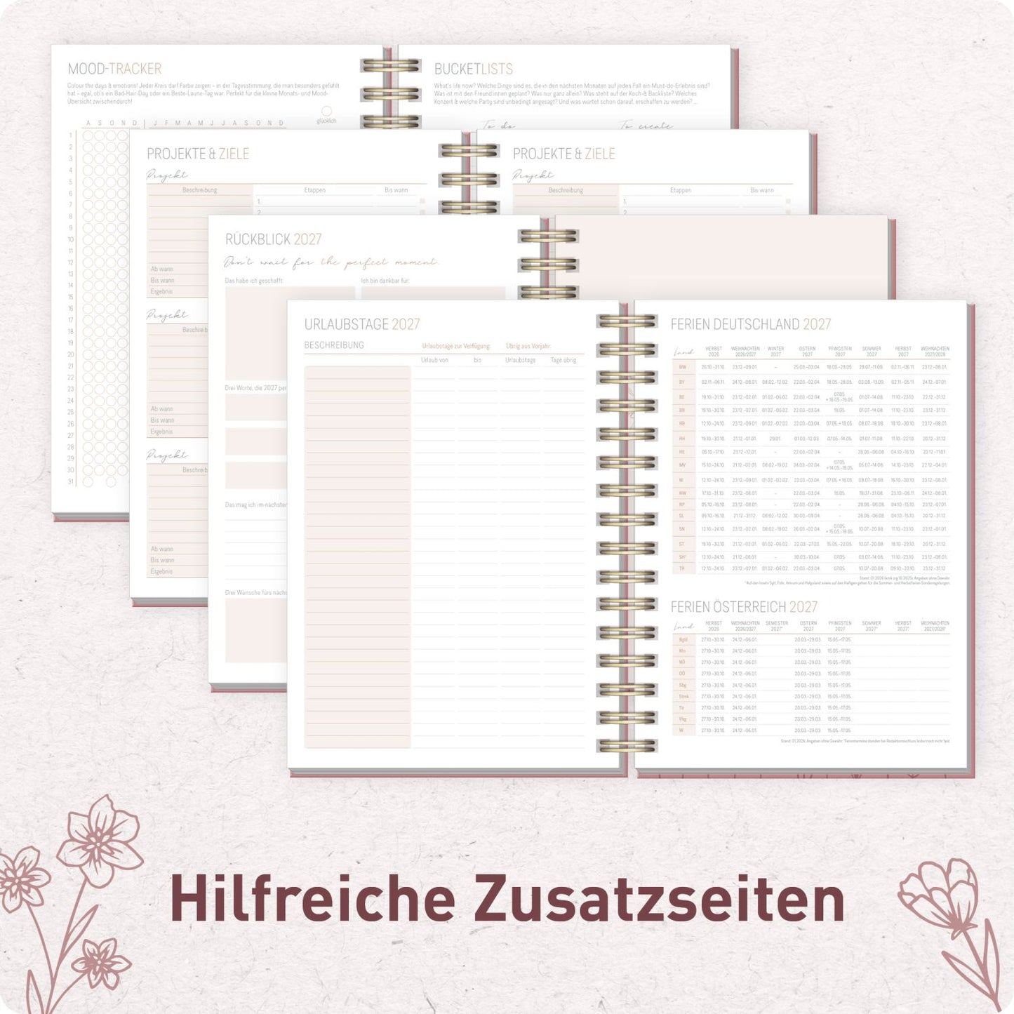 Lieblings-Timer 2026/2027 / 17 Monate / A5 / Fine Flowers rosé / Häfft-Verlag