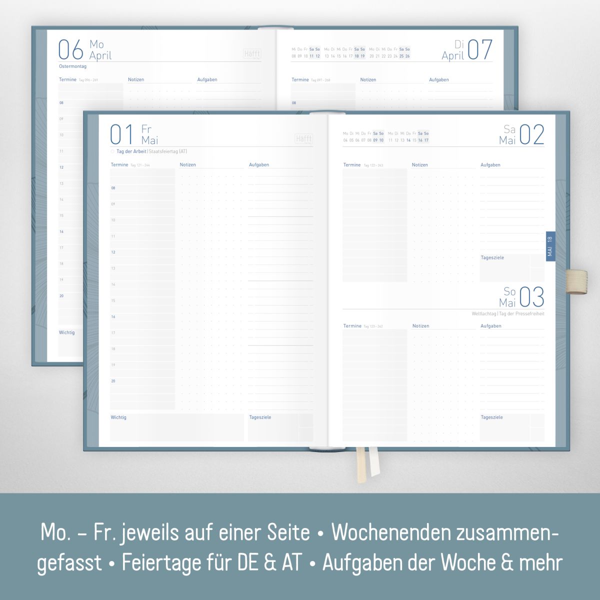 Organizer Day by Day Deluxe 2026 - 1 Tag/Seite / A5 / Blue Ginkgo / Häfft-Verlag