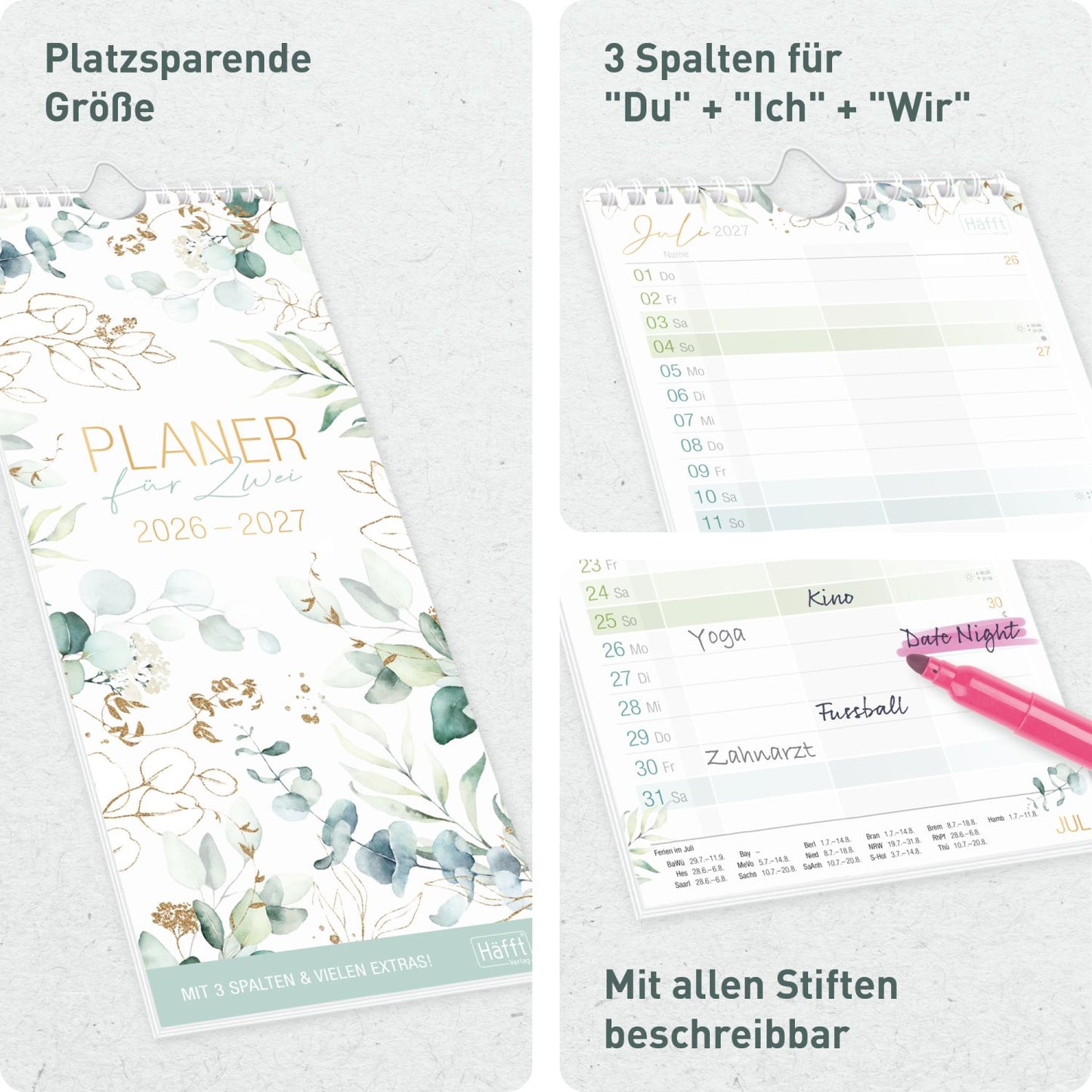 Planer für Zwei / Wand-Kalender 3-spaltig / 2026/2027 / 17 Monate / Blattgold /  Häfft-Verlag