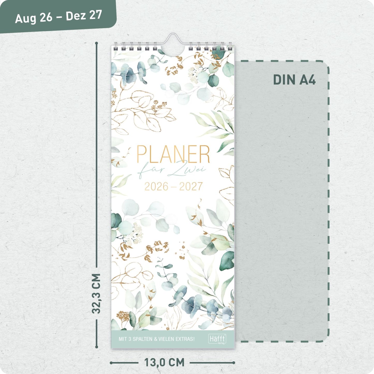 Planer für Zwei / Wand-Kalender 3-spaltig / 2026/2027 / 17 Monate / Blattgold /  Häfft-Verlag