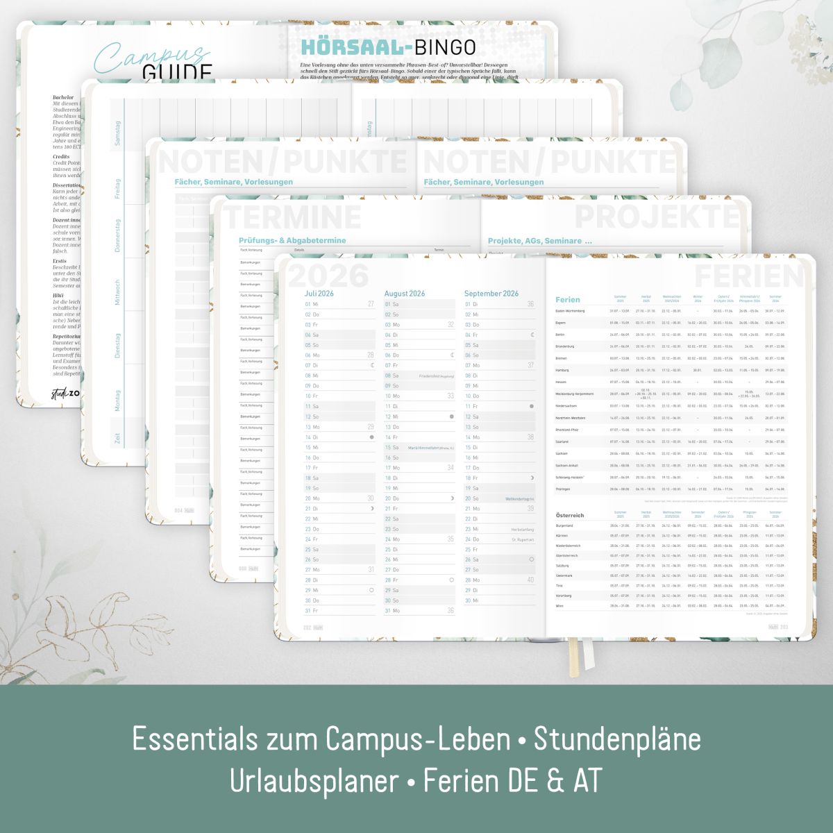 Häfft-Timer Campus 2025/2026 / Studentenkalender / A5 / Blattgold