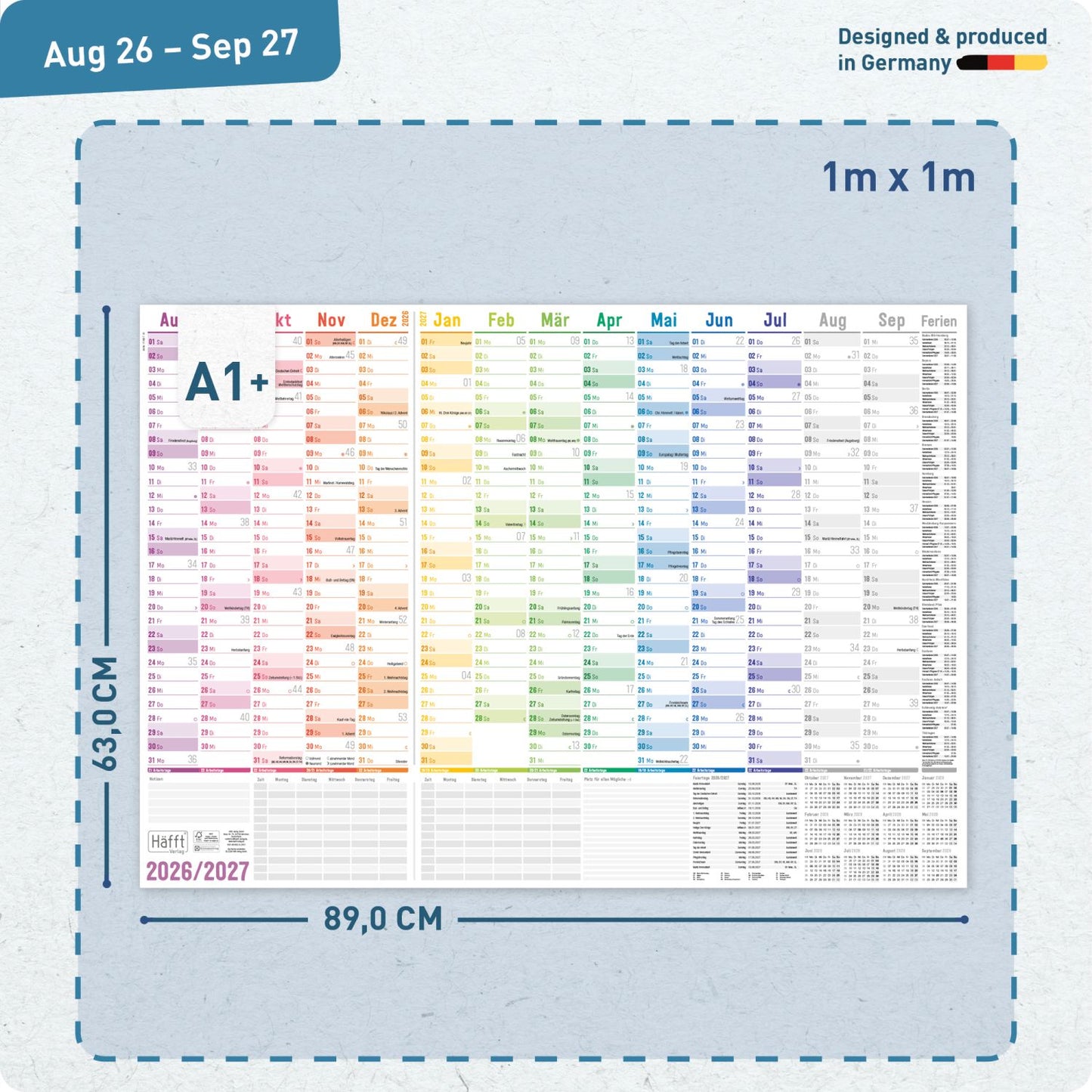Wandkalender Schuljahr 2026/2027 / Rainbow / A1+ / Häfft-Verlag