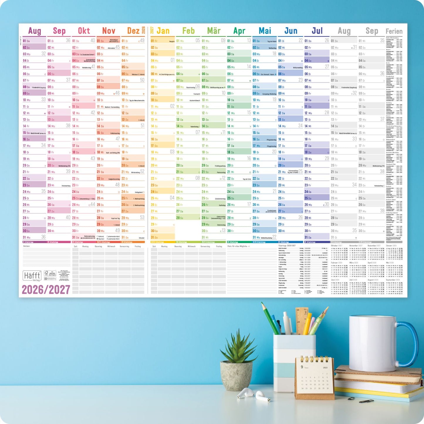 Wandkalender Schuljahr 2026/2027 / Rainbow / A1+ / Häfft-Verlag