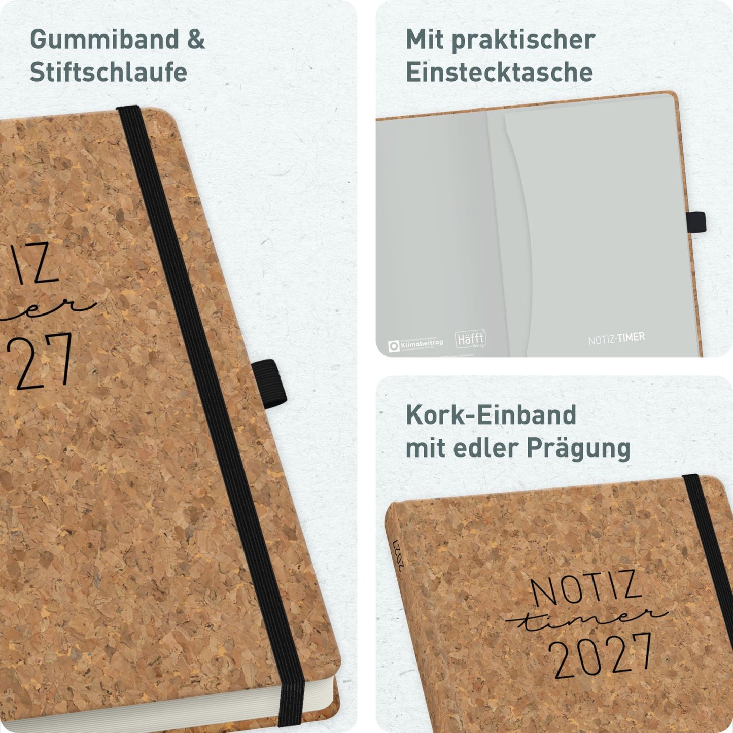 Wochen-Notiz-Timer Classic 2026/2027 / 17 Monate / A5 / Kork / KL /  Häfft-Verlag