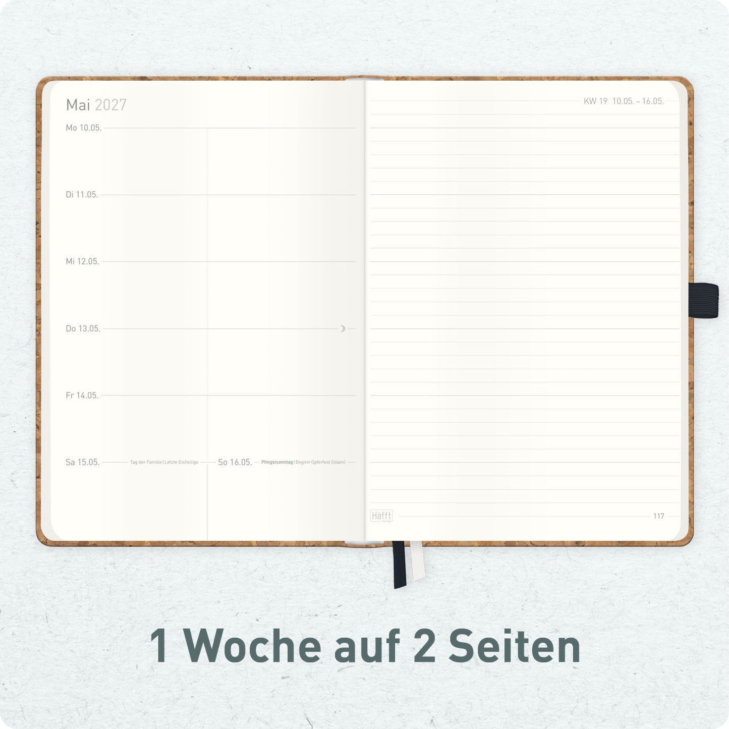 Wochen-Notiz-Timer Classic 2026/2027 / 17 Monate / A5 / Kork / KL /  Häfft-Verlag