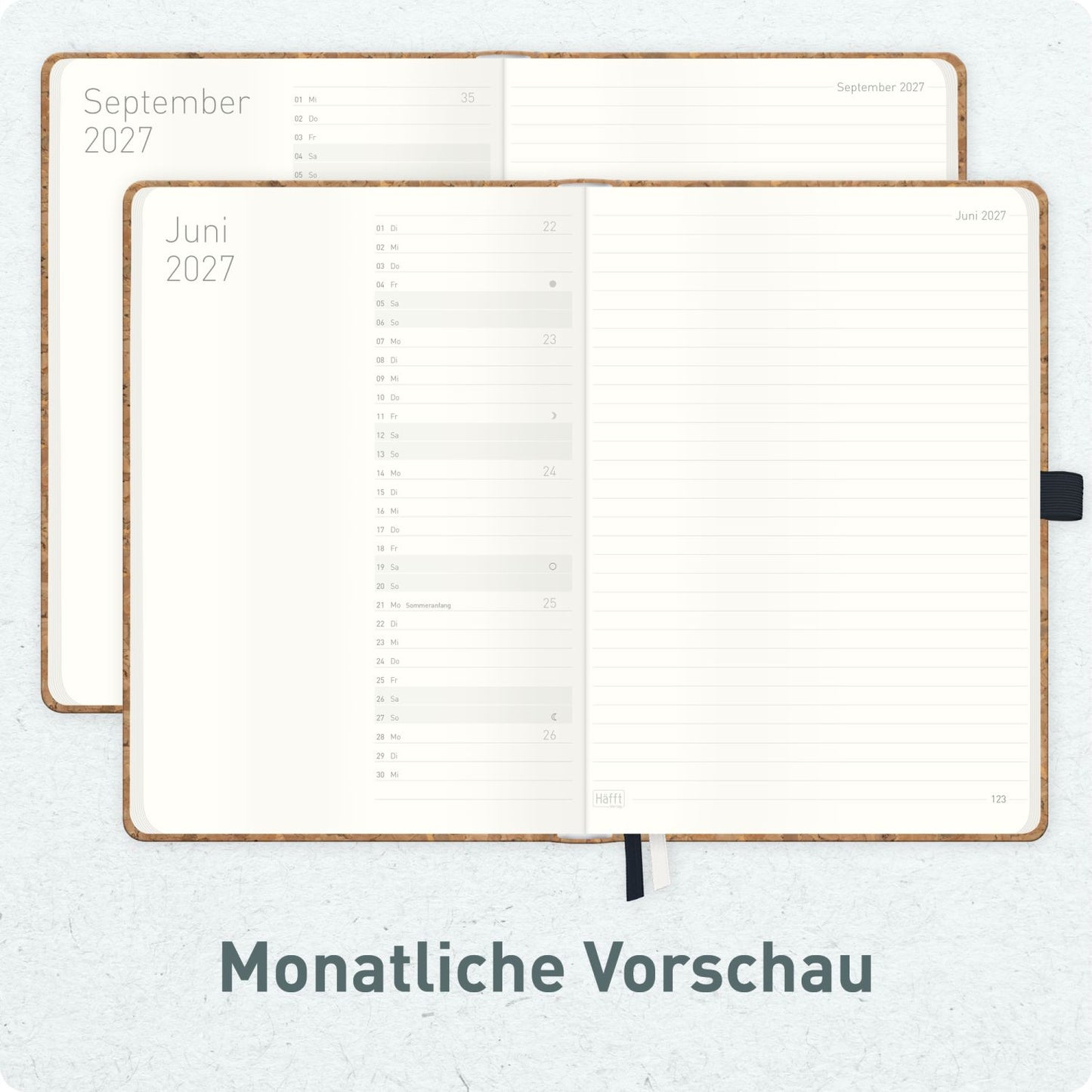 Wochen-Notiz-Timer Classic 2026/2027 / 17 Monate / A5 / Kork / KL /  Häfft-Verlag