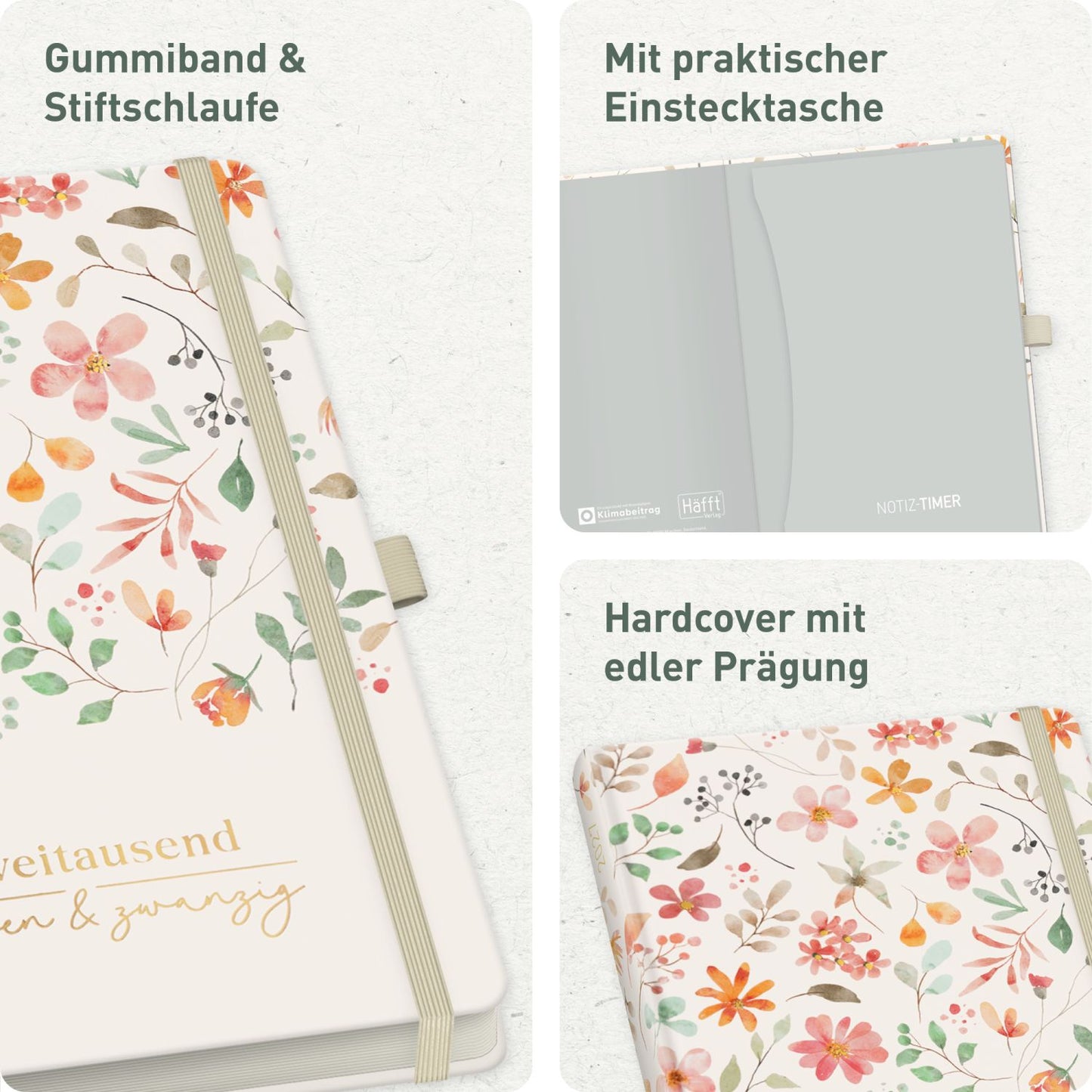 Wochen-Notiz-Timer Classic 2026/2027 / 17 Monate / A5 / Wild Blossoms / Häfft-Verlag