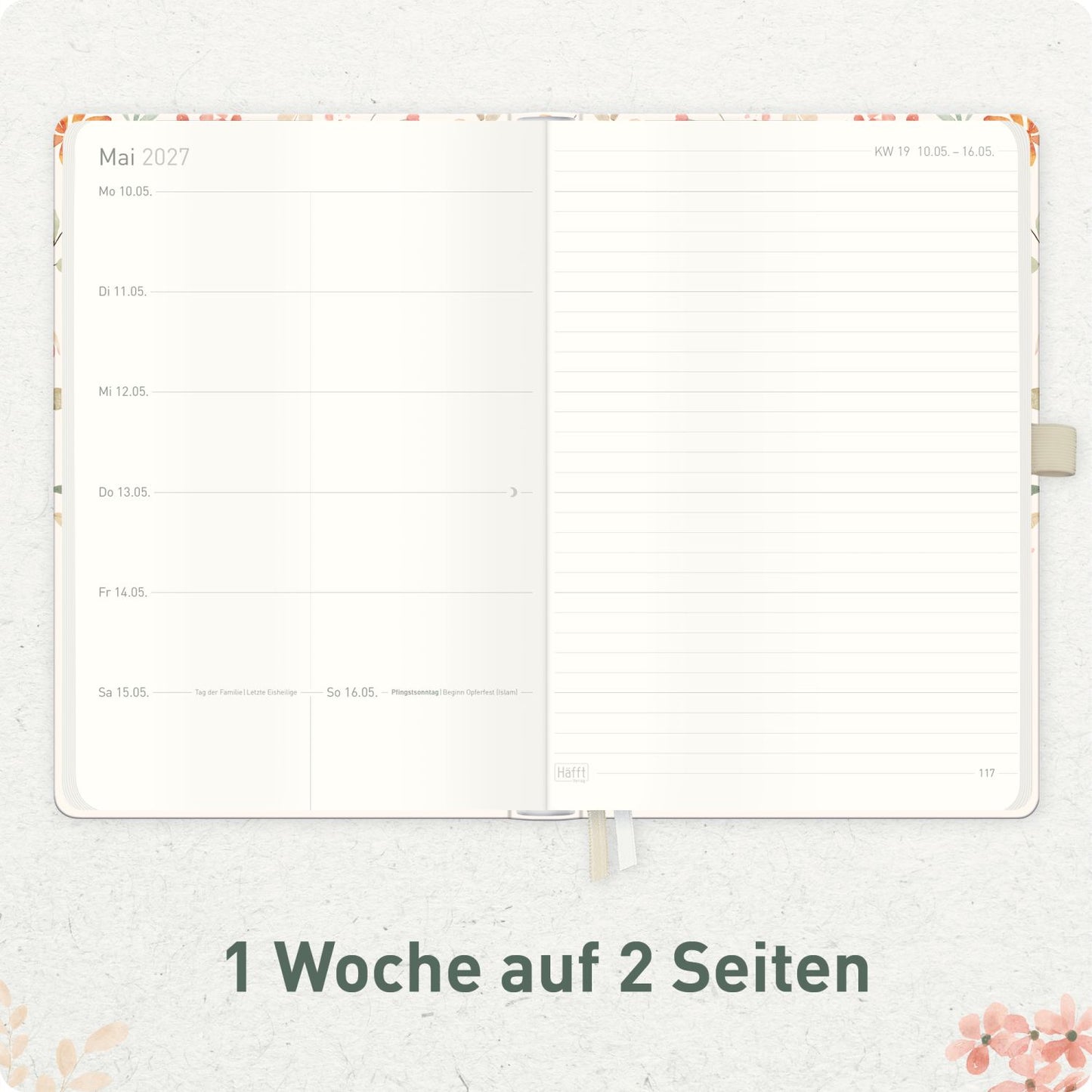 Wochen-Notiz-Timer Classic 2026/2027 / 17 Monate / A5 / Wild Blossoms / Häfft-Verlag