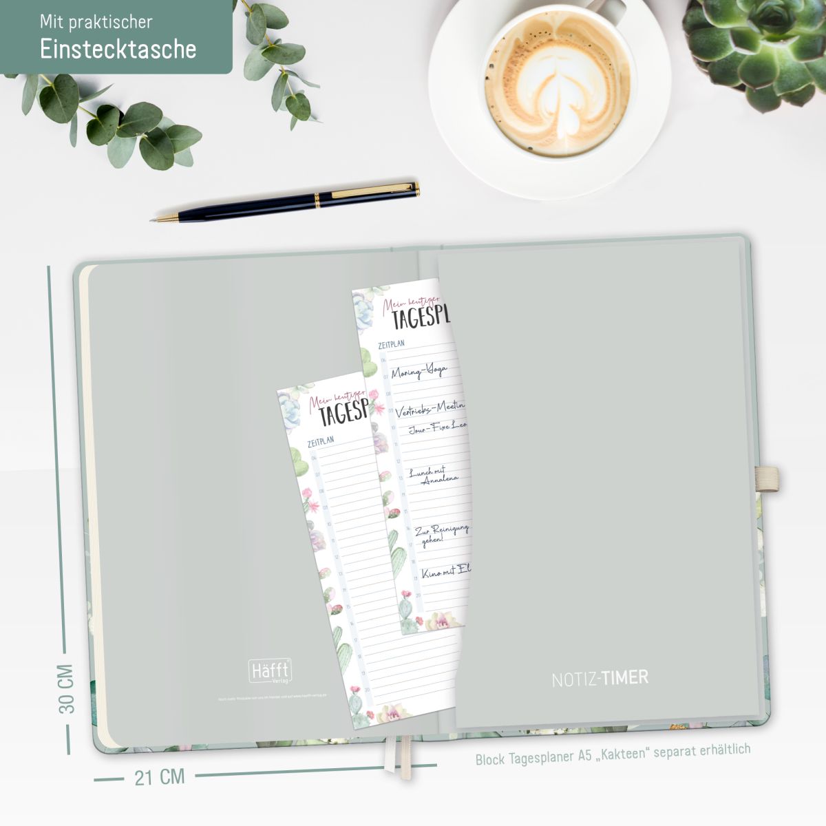 Wochen-Notiz-Timer Maxi 2026 / A4 / Minty Leaves / Häfft-Verlag