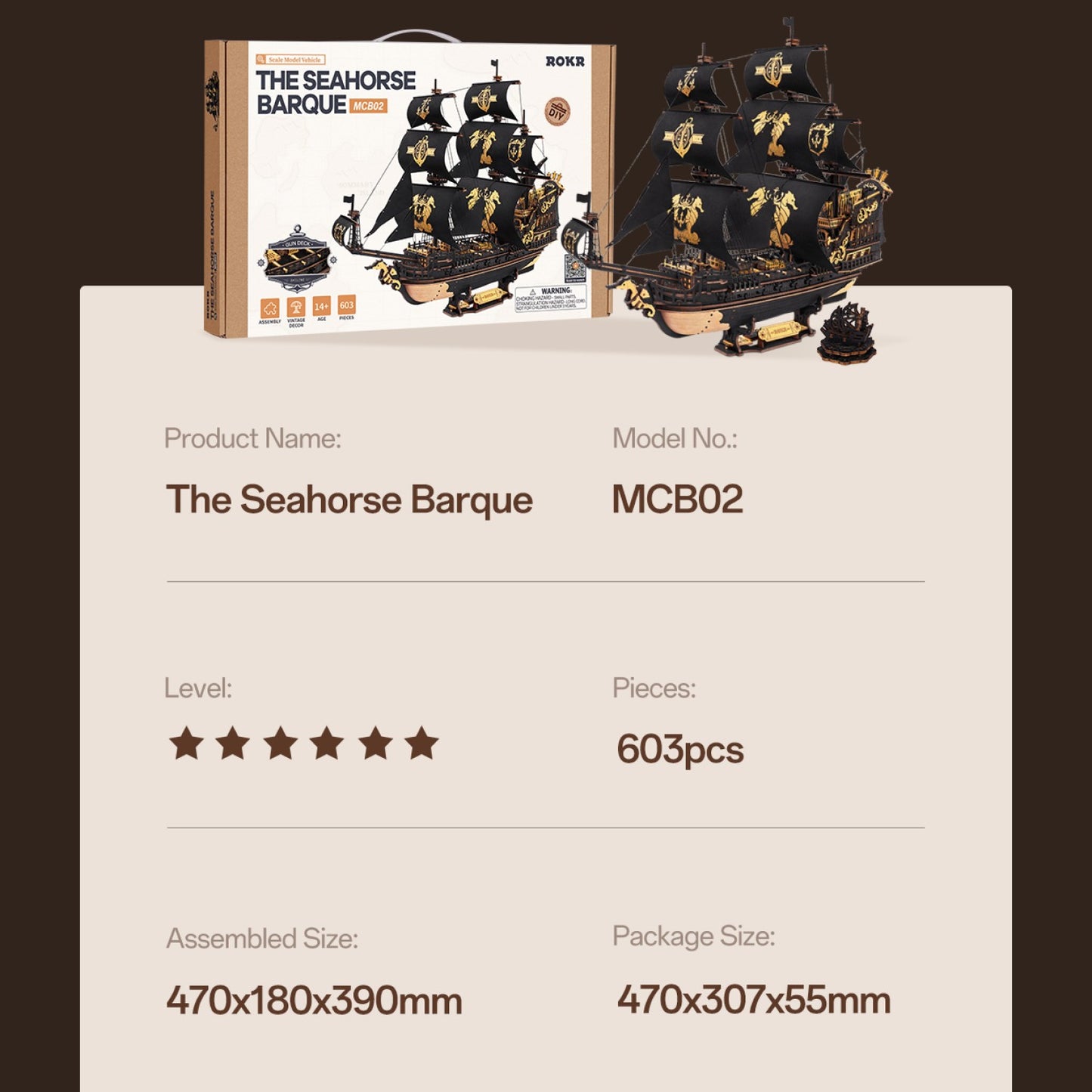 ROKR 3D-Holz-Puzzle Schiffsmodell "The Seahorse Barque"