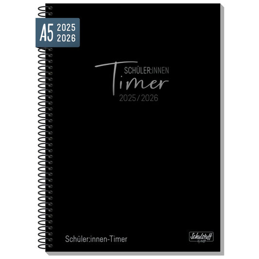Schulstuff Schüler-Timer 2025/2026 / Spiralbindung / A5 / Black Edition