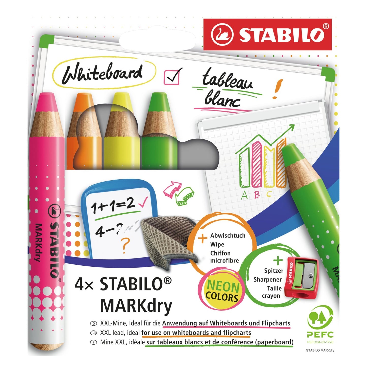 Stabilo MARKdry 4er Pack Neon mit Spitzer und Abwischtuch