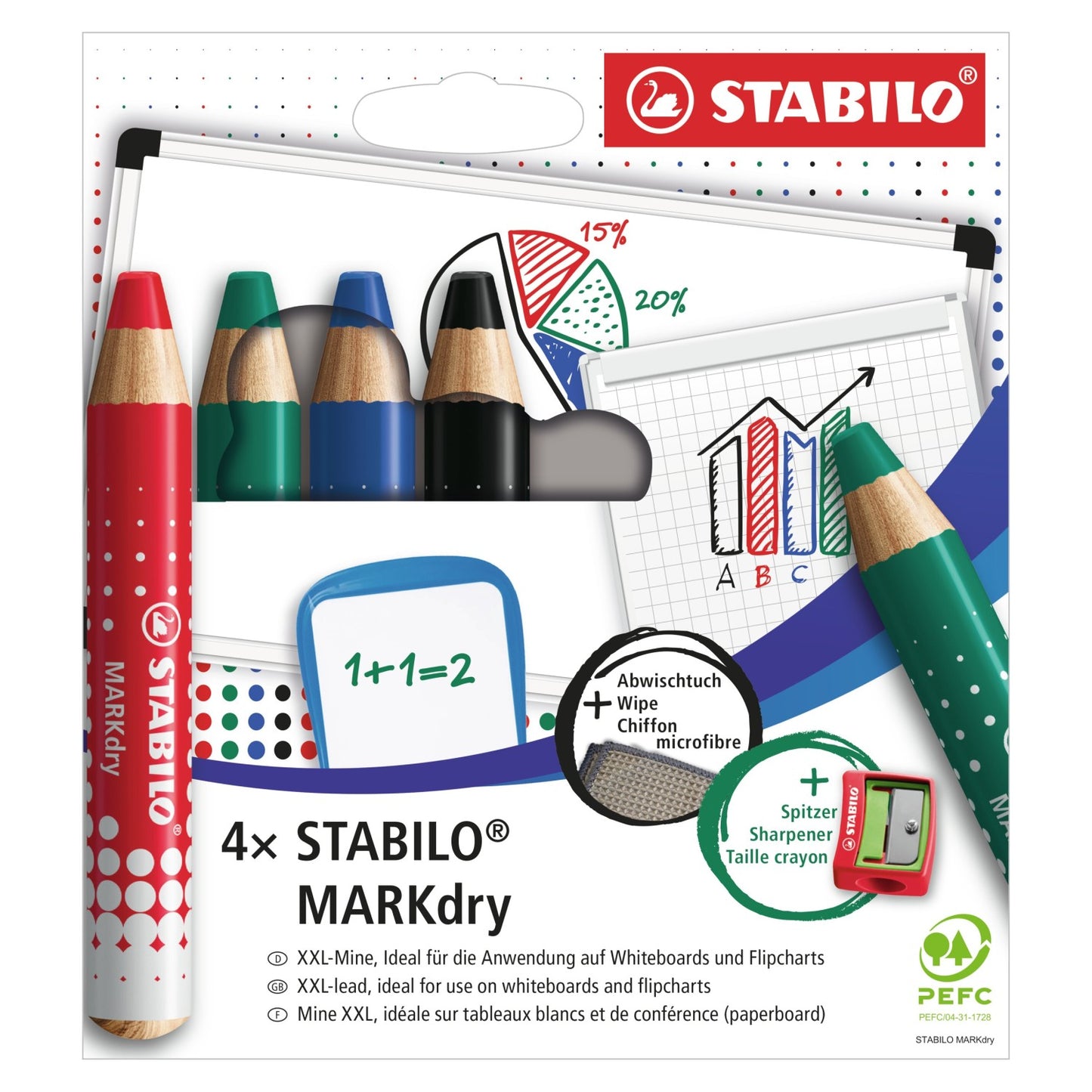 Stabilo MARKdry 4er Pack mit Spitzer und Abwischtuch
