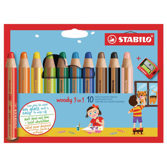 STABILO Buntstift Woody 3 in 1 / 10er Kartonetui mit Spitzer
