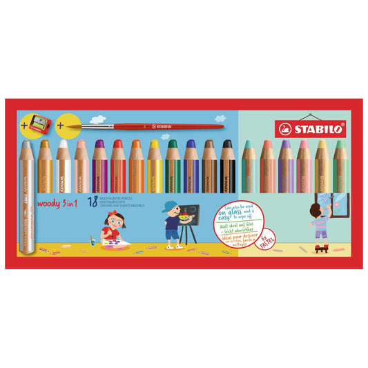 STABILO Buntstift Woody 3 in 1 / 18er Kartonetui mit Spitzer / 12 Standard- und 6 Pastellfarben