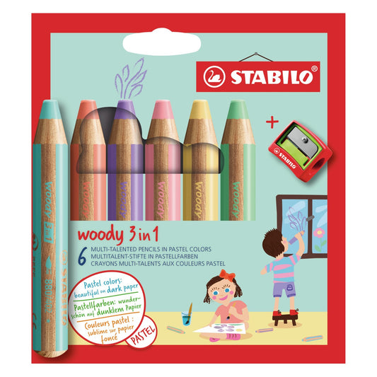 STABILO Buntstift Woody 3 in 1 / 6er Kartonetui mit Spitzer / Pastellfarben